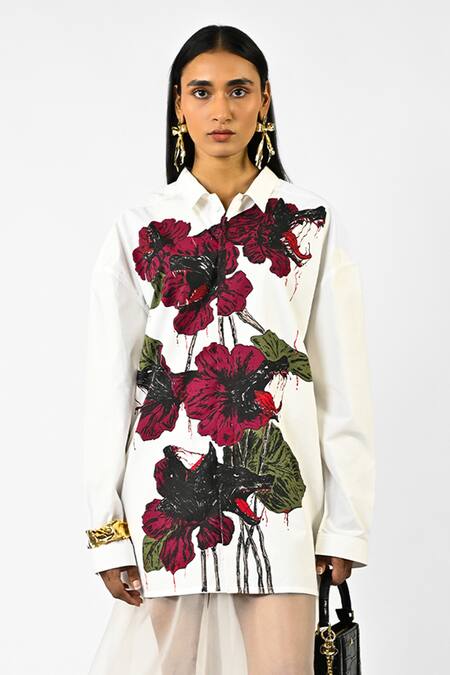 Shop_Huemn_White Cotton Collared Fanged Floral Shirt _Online_at_Aza_Fashions