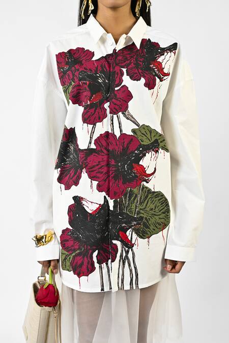 Huemn_White Cotton Collared Fanged Floral Shirt _at_Aza_Fashions