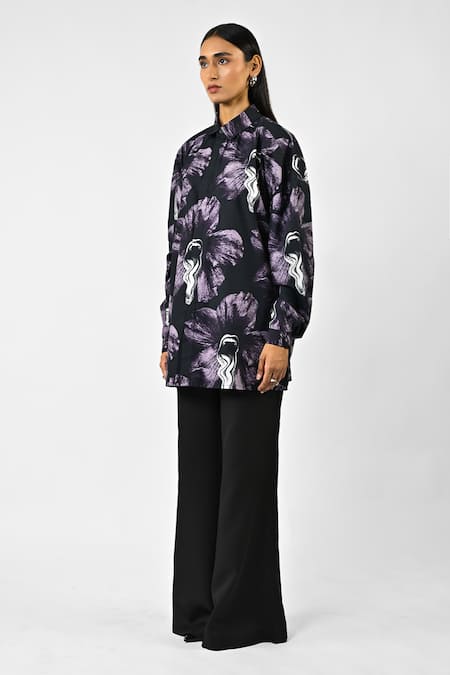 Huemn Black Cotton Collared Printed Oversized Shirt Online at Aza Fashions Huemn_Black Cotton Collared Printed Oversized Shirt _Online_at_Aza_Fashions