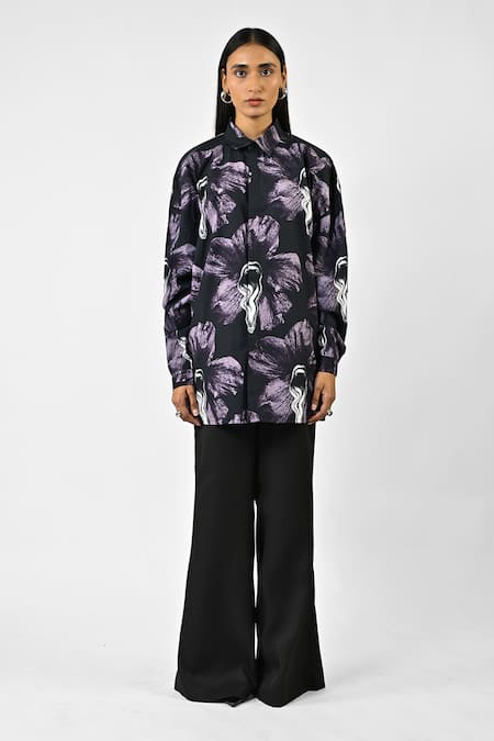 Huemn Black Cotton Collared Printed Oversized Shirt 