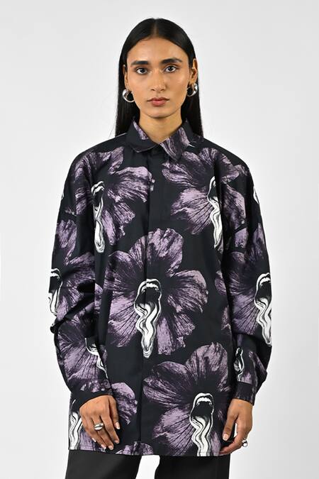 Buy Huemn Black Cotton Collared Printed Oversized Shirt Online at Aza Fashions Buy_Huemn_Black Cotton Collared Printed Oversized Shirt _Online_at_Aza_Fashions