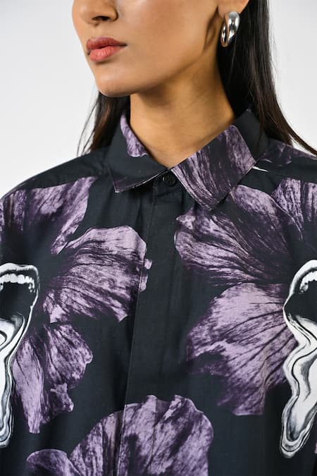 Shop Huemn Black Cotton Collared Printed Oversized Shirt Online at Aza Fashions Shop_Huemn_Black Cotton Collared Printed Oversized Shirt _Online_at_Aza_Fashions