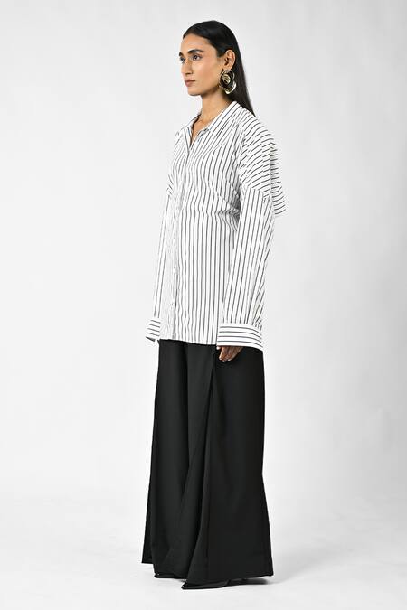 Huemn White Cotton Collared Three-way Pinstriped Shirt Online at Aza Fashions Huemn_White Cotton Collared Three-way Pinstriped Shirt _Online_at_Aza_Fashions