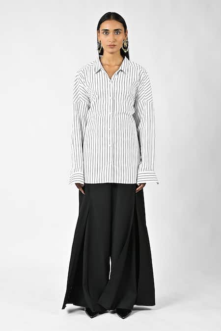Huemn White Cotton Collared Three-way Pinstriped Shirt 