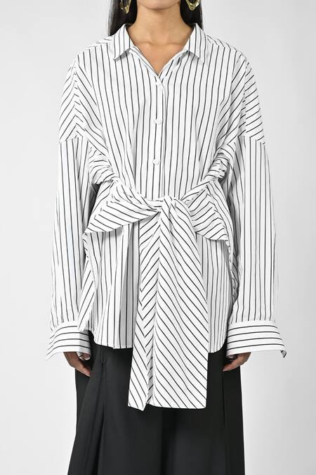 Shop Huemn White Cotton Collared Three-way Pinstriped Shirt Online at Aza Fashions Shop_Huemn_White Cotton Collared Three-way Pinstriped Shirt _Online_at_Aza_Fashions