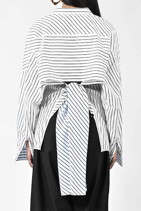 Huemn White Cotton Collared Three-way Pinstriped Shirt at Aza Fashions Huemn_White Cotton Collared Three-way Pinstriped Shirt _at_Aza_Fashions