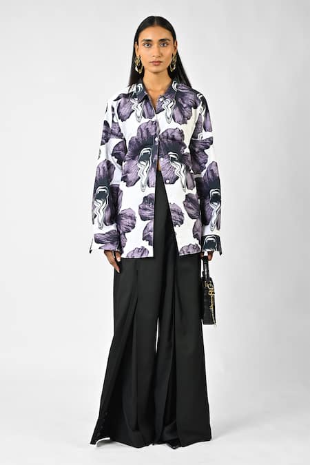 Huemn White Cotton Collared Three Way Printed Shirt 