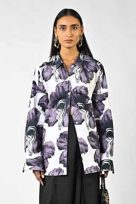 Shop_Huemn_White Cotton Collared Three Way Printed Shirt _Online_at_Aza_Fashions