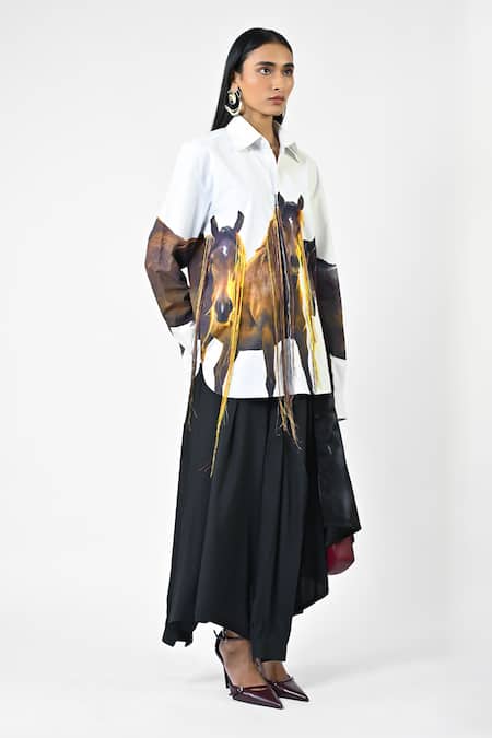 Huemn_White Cotton Embroidery Collared Hanging Silk Thread Horse Print Shirt _Online_at_Aza_Fashions
