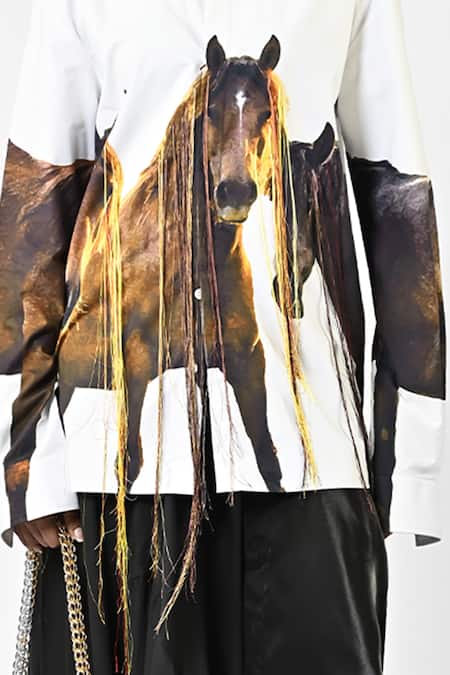 Buy_Huemn_White Cotton Embroidery Collared Hanging Silk Thread Horse Print Shirt _Online_at_Aza_Fashions