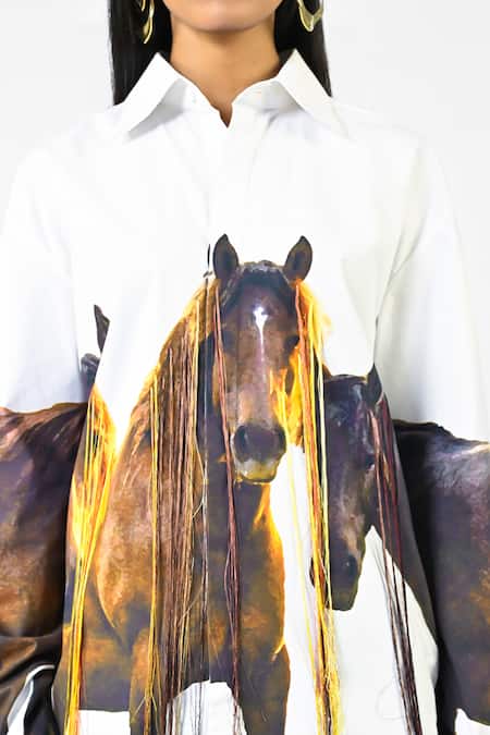 Shop_Huemn_White Cotton Embroidery Collared Hanging Silk Thread Horse Print Shirt _Online_at_Aza_Fashions