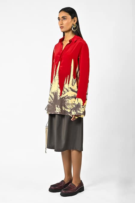 Huemn Red Crepe, Silk Collared Floral Drip Shirt Online at Aza Fashions Huemn_Red Crepe, Silk Collared Floral Drip Shirt _Online_at_Aza_Fashions