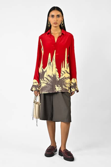 Huemn Red Crepe, Silk Collared Floral Drip Shirt 