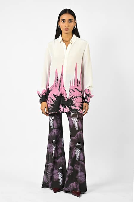 Huemn White Crepe, Silk Collared Floral Drip Shirt 
