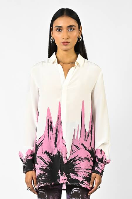Huemn_White Crepe, Silk Collared Floral Drip Shirt _Online_at_Aza_Fashions