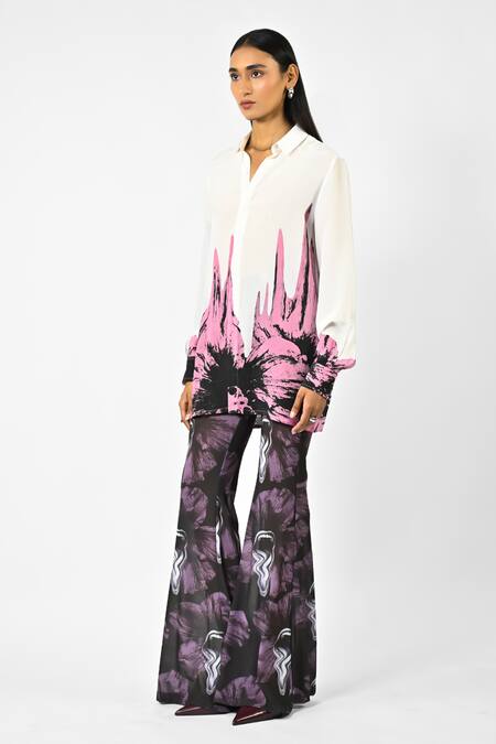 Buy_Huemn_White Crepe, Silk Collared Floral Drip Shirt _Online_at_Aza_Fashions