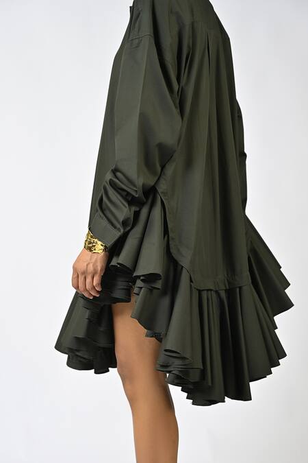Huemn_Olive Green Cotton Collared Plain Ruffle Hem Shirt Dress _Online_at_Aza_Fashions