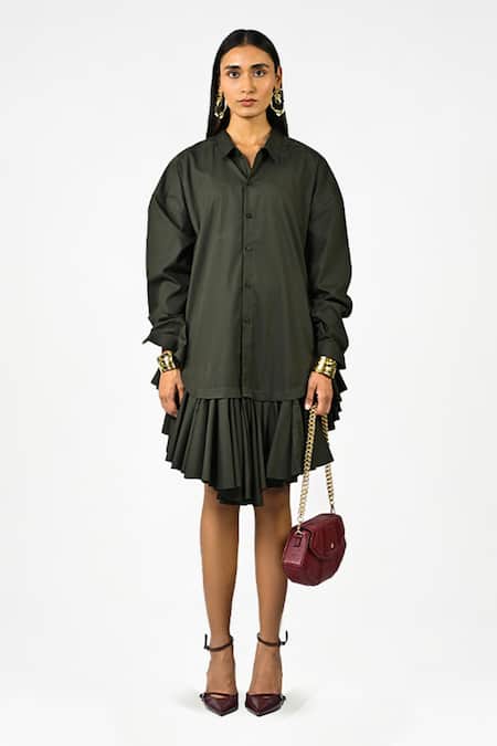 Buy_Huemn_Olive Green Cotton Collared Plain Ruffle Hem Shirt Dress _Online_at_Aza_Fashions
