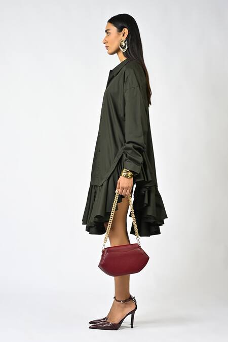 Shop_Huemn_Olive Green Cotton Collared Plain Ruffle Hem Shirt Dress _Online_at_Aza_Fashions