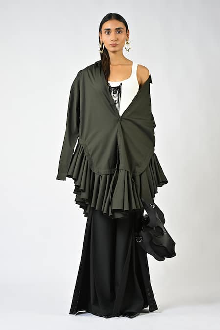 Huemn Olive Green Cotton Collared Plain Ruffle Hem Shirt Dress 