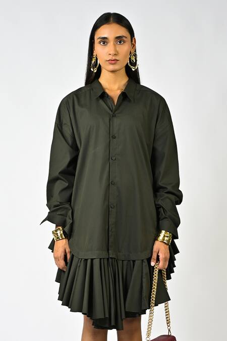 Huemn_Olive Green Cotton Collared Plain Ruffle Hem Shirt Dress _at_Aza_Fashions