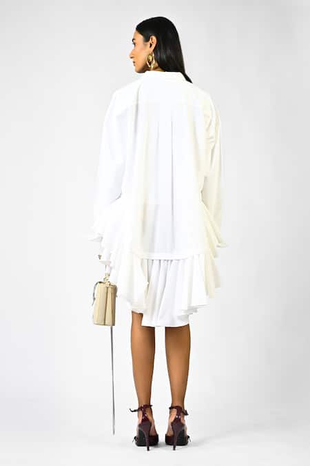 Huemn Fanged Floral Print Ruffle Hem Shirt Dress 