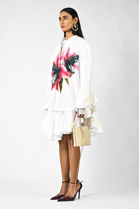 Huemn_White Cotton Ruffles Collared Fanged Floral Print Hem Shirt Dress _Online_at_Aza_Fashions