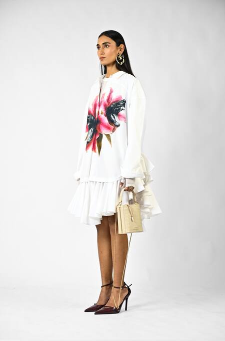 Buy_Huemn_White Cotton Ruffles Collared Fanged Floral Print Hem Shirt Dress _Online_at_Aza_Fashions