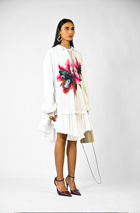 Shop_Huemn_White Cotton Ruffles Collared Fanged Floral Print Hem Shirt Dress _Online_at_Aza_Fashions