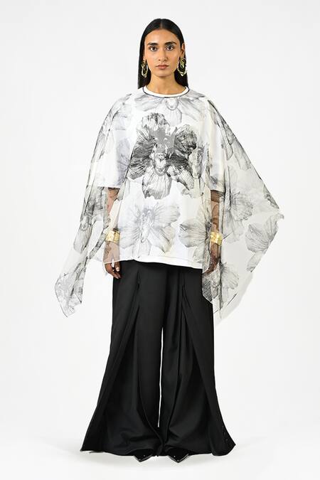 Buy_Huemn_White Silk Organza Round Neck Canine Print Sleeveless Kaftan _Online_at_Aza_Fashions