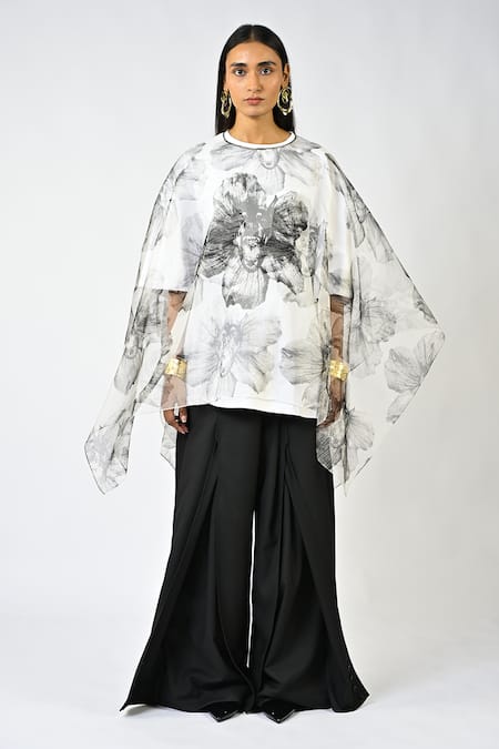 Huemn White Silk Organza Round Neck Canine Print Sleeveless Kaftan 