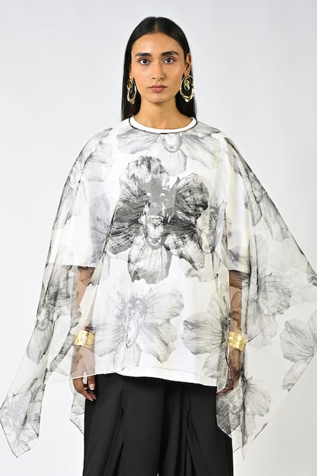 Huemn_White Silk Organza Round Neck Canine Print Sleeveless Kaftan _at_Aza_Fashions