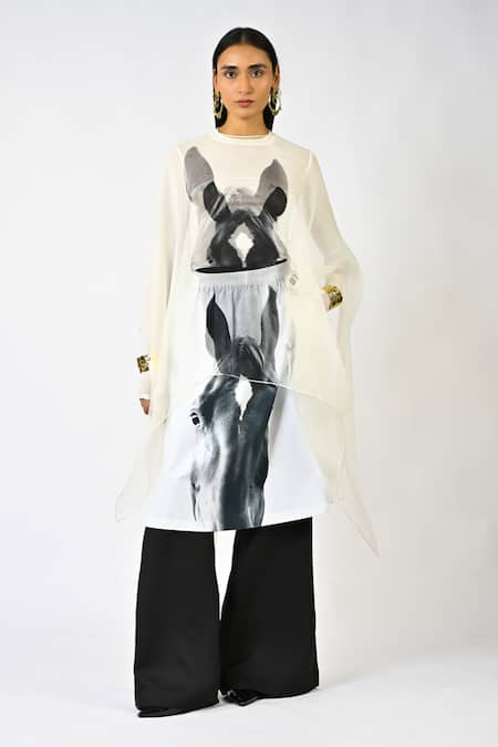 Huemn White Silk Organza Round Neck Horse Print Sleeveless Kaftan 