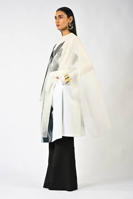 Huemn_White Silk Organza Round Neck Horse Print Sleeveless Kaftan _Online_at_Aza_Fashions