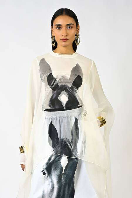 Buy_Huemn_White Silk Organza Round Neck Horse Print Sleeveless Kaftan _Online_at_Aza_Fashions
