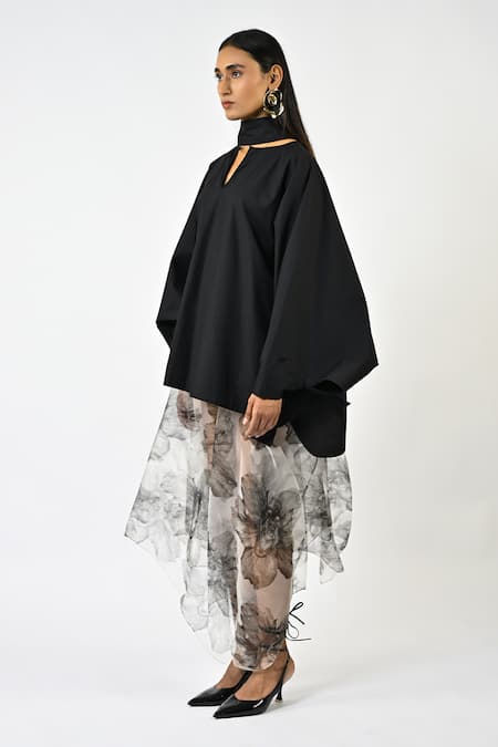 Buy_Huemn_Black Cotton Split V-neck Hybrid Kaftan Kurta _Online_at_Aza_Fashions