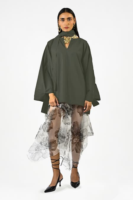 Huemn Olive Green Cotton Split V-neck Dark Hybrid Kaftan Kurta 