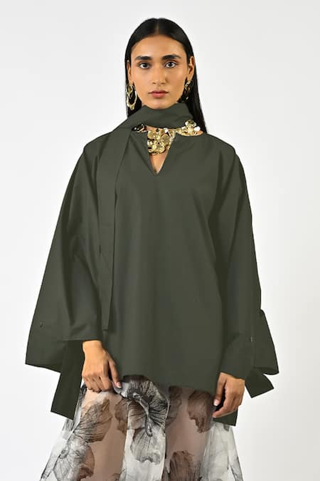 Shop_Huemn_Olive Green Cotton Split V-neck Dark Hybrid Kaftan Kurta _Online_at_Aza_Fashions