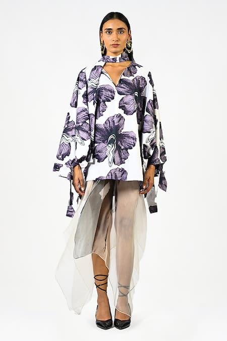 Huemn White Cotton Split V-neck Print Kaftan Top 