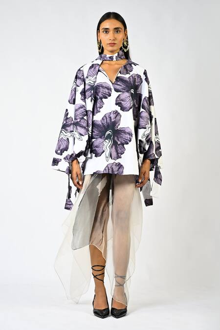 Huemn_White Cotton Split V-neck Print Kaftan Top _Online_at_Aza_Fashions