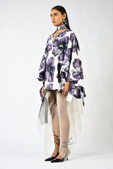 Buy_Huemn_White Cotton Split V-neck Print Kaftan Top _Online_at_Aza_Fashions