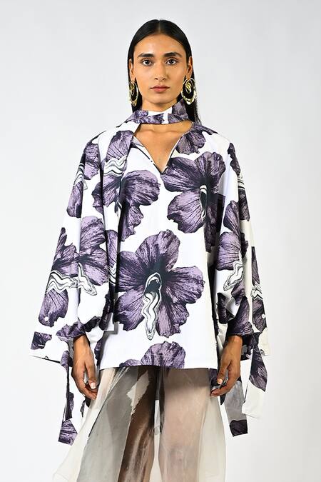 Shop_Huemn_White Cotton Split V-neck Print Kaftan Top _Online_at_Aza_Fashions