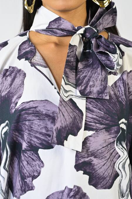 Huemn_White Cotton Split V-neck Print Kaftan Top _at_Aza_Fashions