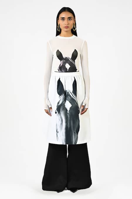 Huemn White Cotton Horse Print Skirt 