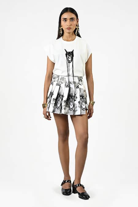 Huemn White Cotton Hybrid Pleated Shorts Skirt 