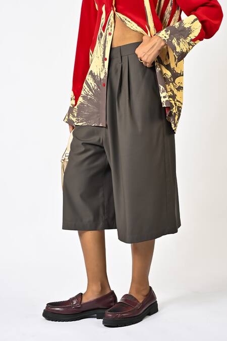 Shop_Huemn_Gray Polyester, Viscose Grey Solid Jorts _Online_at_Aza_Fashions