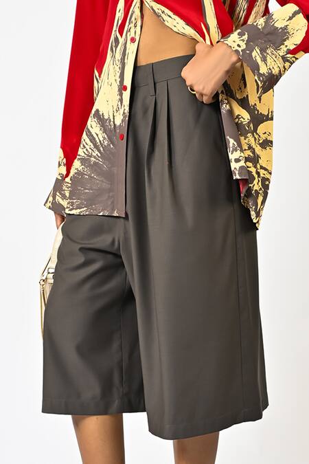 Huemn_Gray Polyester, Viscose Grey Solid Jorts _at_Aza_Fashions