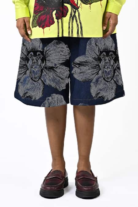 Huemn Blue Denim, Cotton Canine Print Jorts Online at Aza Fashions Huemn_Blue Denim, Cotton Canine Print Jorts _Online_at_Aza_Fashions