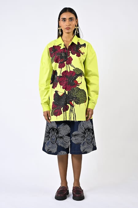 Shop Huemn Blue Denim, Cotton Canine Print Jorts Online at Aza Fashions Shop_Huemn_Blue Denim, Cotton Canine Print Jorts _Online_at_Aza_Fashions