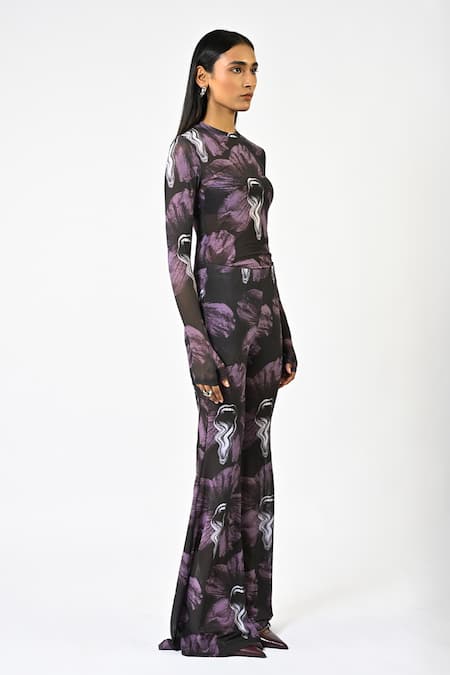 Huemn_Purple Lycra, Net Sculpted Printed Bootcut Pant _Online_at_Aza_Fashions